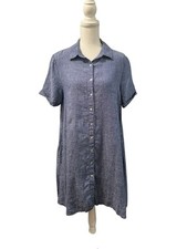 Tahari 100% Linen Blue Chambray Button Front Short Sleeve Shirt Dress Pockets 