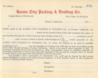 RAISIN CITY PACKING & VENDING CO STOCK CERTIFICATE FRESNO CALIF