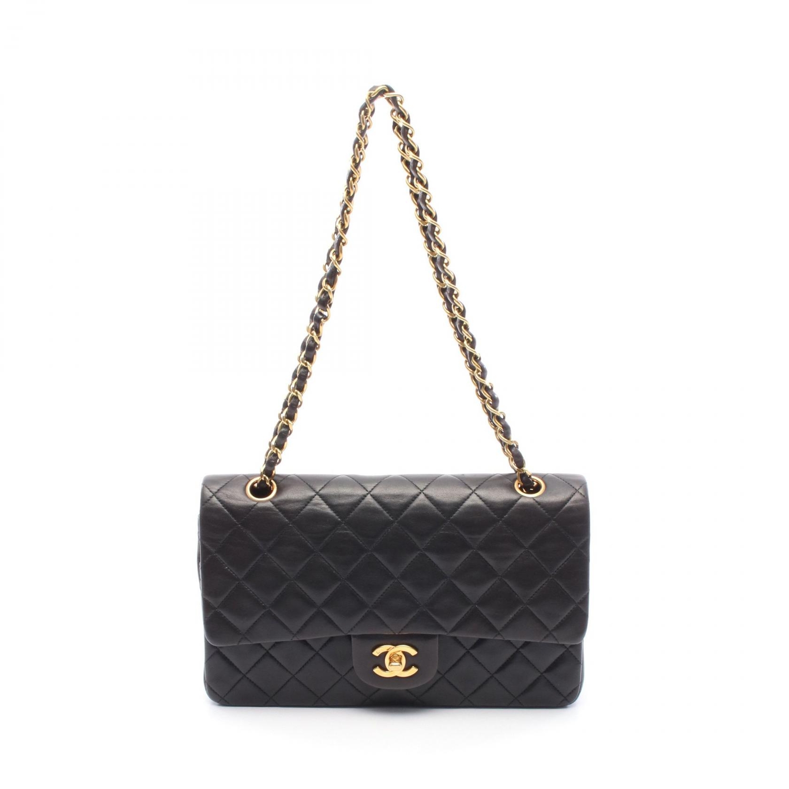 CHANEL Matelasse W Flap Chain Shoulder Bag in Black Lamb Leather with GHW A01112
