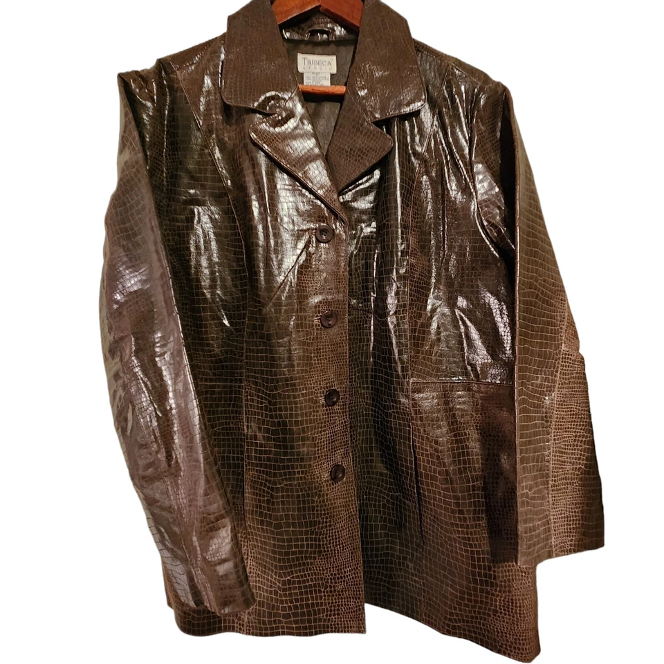Chaqueta Tribeca Studio Mujer Talla 1X XL Cuero Marrón Reptil Cocodrilo Bolsillos Foto 2 de 4
