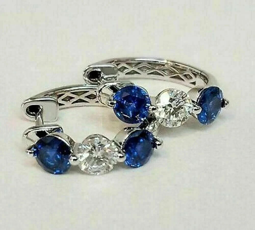 14K White Gold Finish 2Ct Lab-Created Sapphire & Diamond Huggie Hoop Earrings