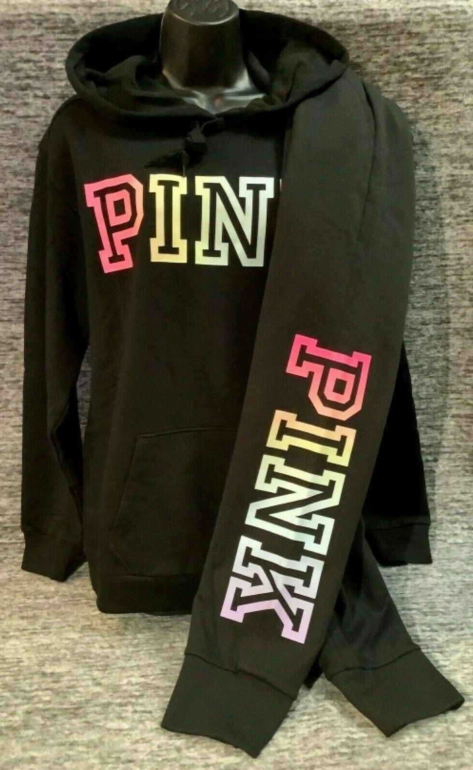 UNDERCOVER Felpa con cappuccio Victoria's Secret rosa ombra arcobaleno campus + set pantaloni jogger nero L