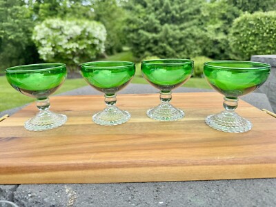 Anchor Hocking Emerald Green 3-7/ 8  Bubble Foot Sherbert Ice Cream Glasses~4 Pc
