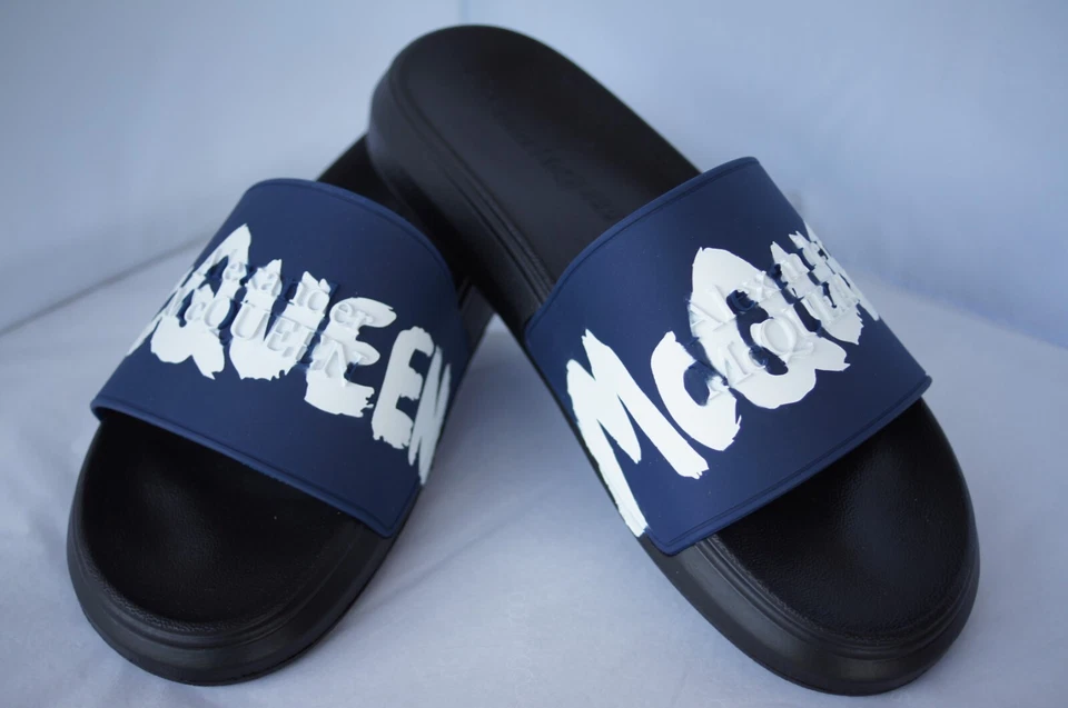 New Alexander Mcqueen Men's Sandals Slide Size 43 Rubber Slider Blue Logo - Image 4 of 4