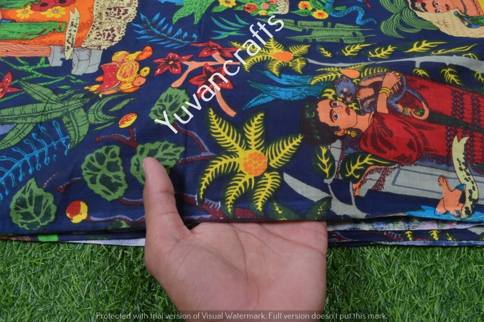 Indian Handmade Hand Block Frida Kahlo Printed Cotton 5 Yard Fabric Natural Blue - Image 2 of 3