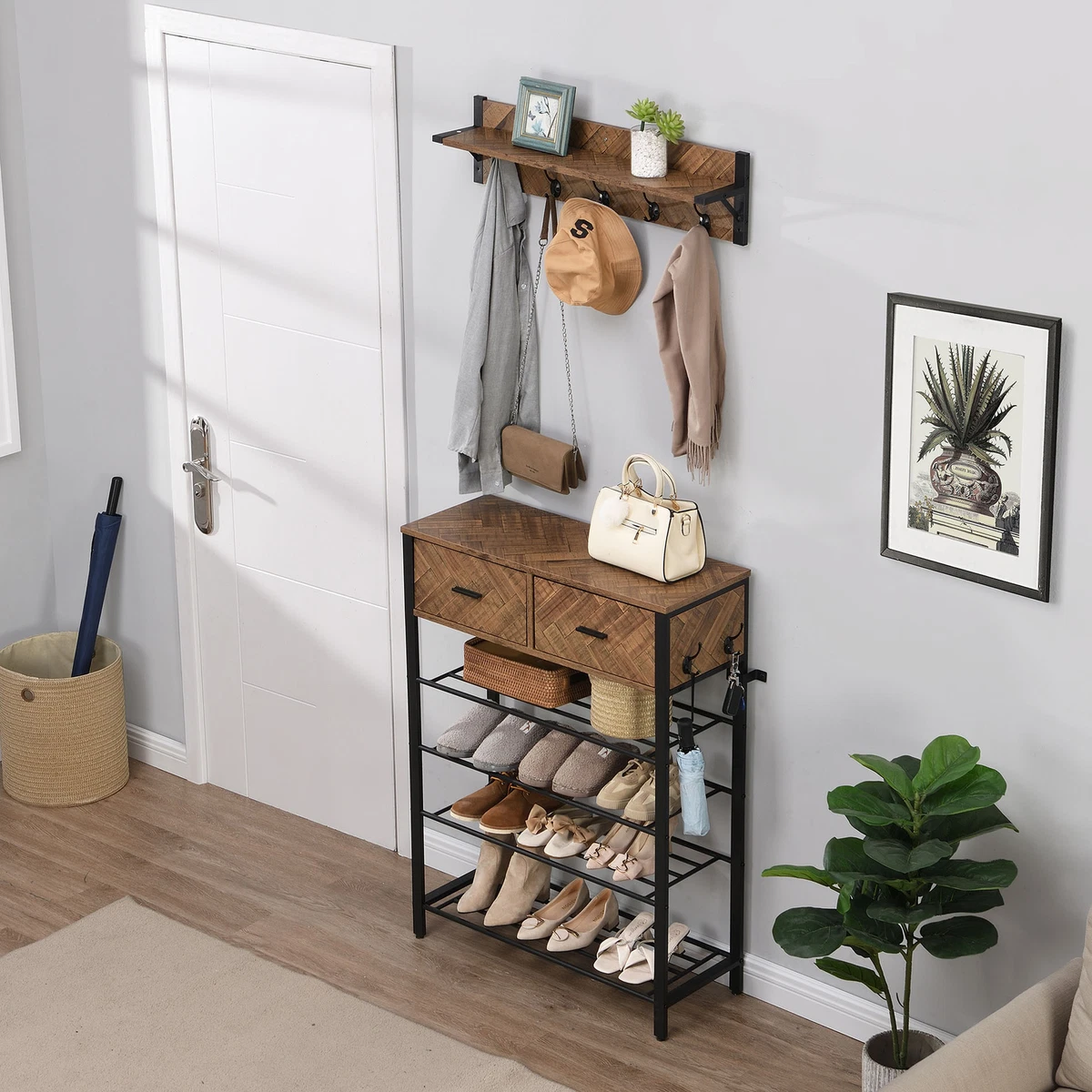 Entryway 4-tier Shoe Rack Hallway Show Rack with Storage 2 Drawers 5 Coat  Hooks