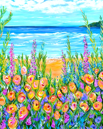 Ocean peach flowers ACEO print of painting 3.5x2.5 colorful wildflowers