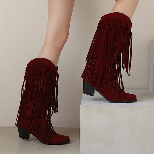 Womens Knee High Boots Mid Chunky Block Heels Tassels Western Riding Boot Autumn - Imagen 18 de 29