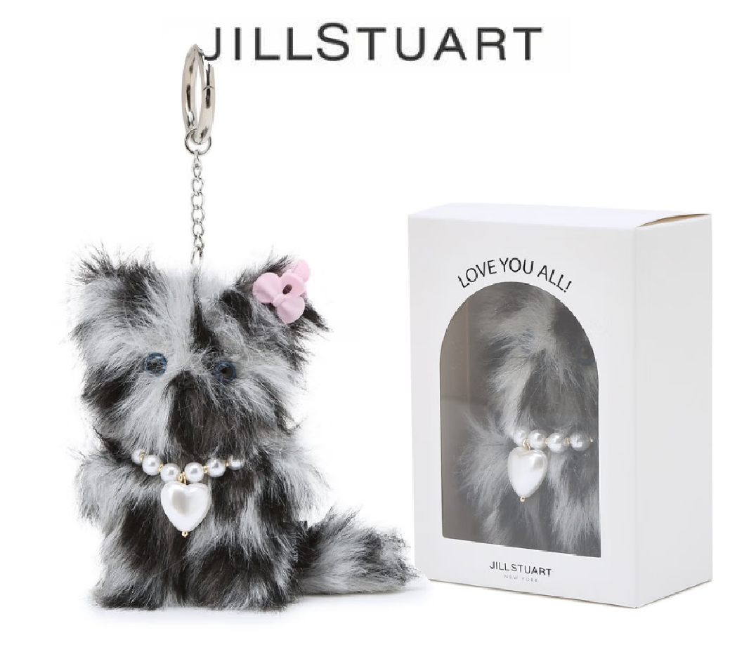 Jill Stuart GRAY CAT Keyring Bag Charm Black Fur OFFICIAL Genuine