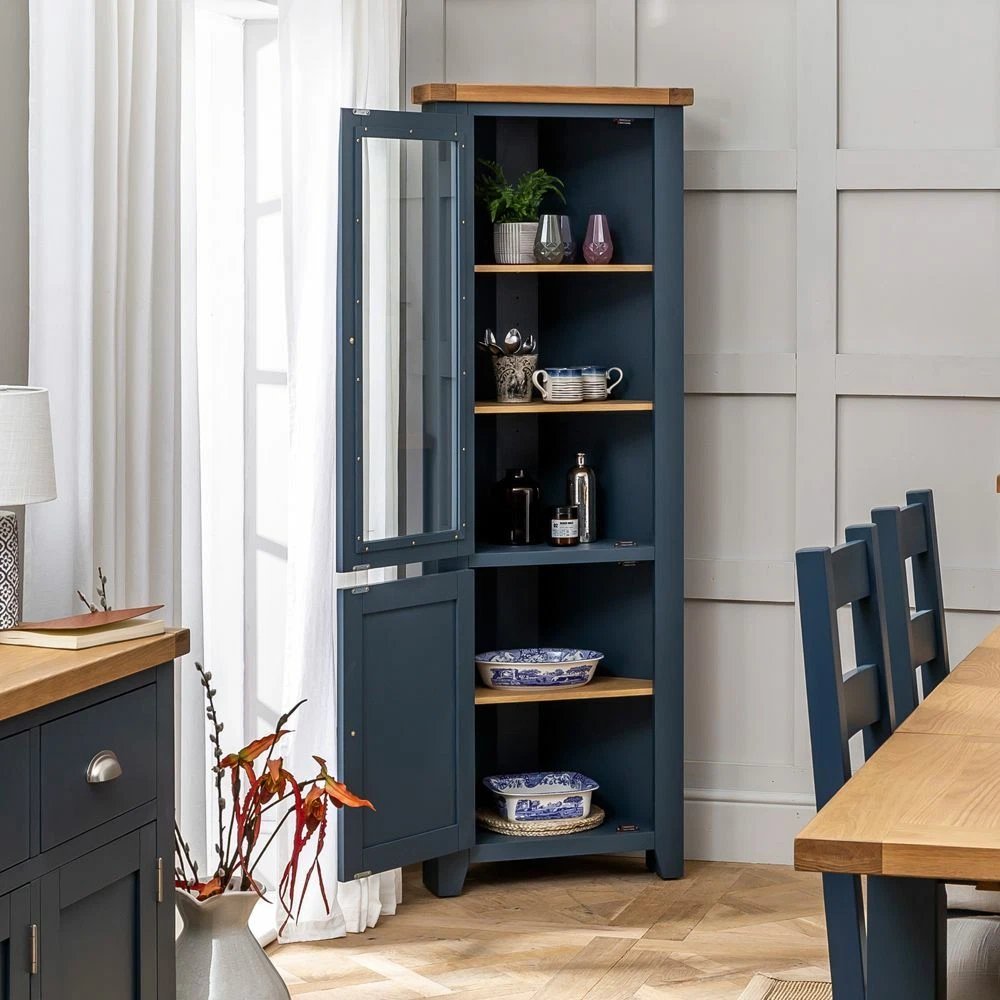 Westbury Blue Painted Tall Glazed Corner Cabinet Slim Compact