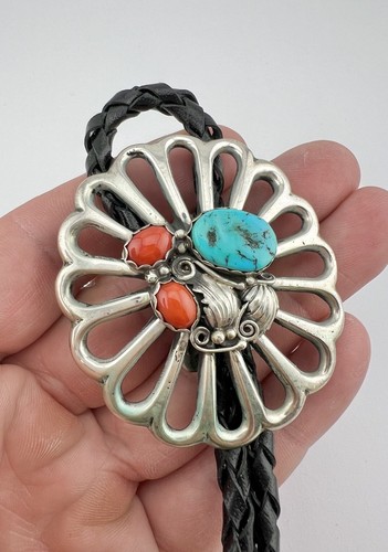 Vtg Navajo Sandcast Sterling Silver Kingman Turquoise Coral Bolo Tie 2 1/8" -49g - Picture 2 of 5
