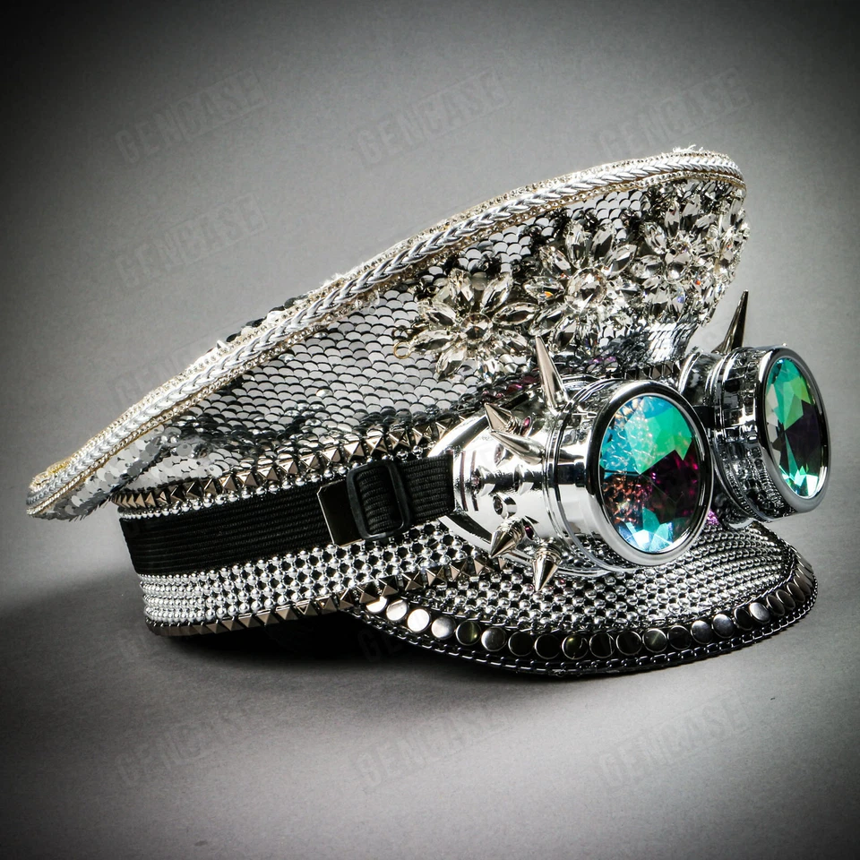 银色亮片蒸汽朋克燃烧人船长帽子带尖刺护目镜万圣节帽子 — 第 2/4 张图片