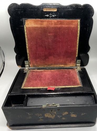 ANTIQUE PAPiER MACHE’ INLAID MOTHER OF PEARL TRAVEL PORTABLE WRITING LAP DESK - Picture 8 of 11