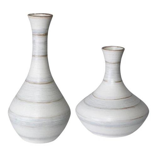 Uttermost Potter Fluted Striped Earthenware Vases in Ivory/Blue/Tan (Set of 2) - Picture 1 of 3