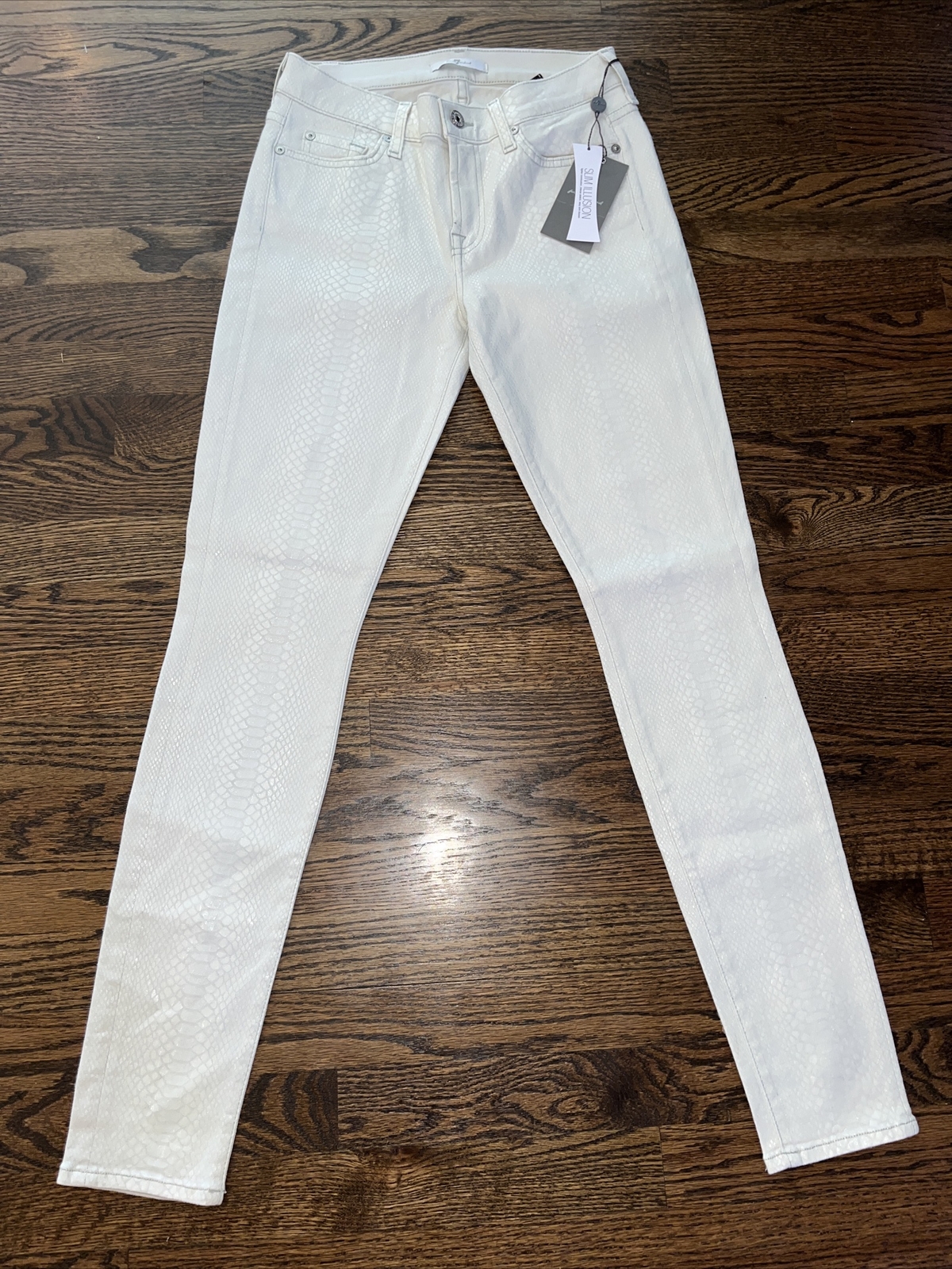 7 For All Mankind Women Snakeskin Slim Illusion Cream Pants Jeans 26x29.5 New
