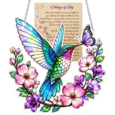 Hummingbird Acrylic Suncatcher with Flowers, 5 Inch Window Hanging Ornament, ...