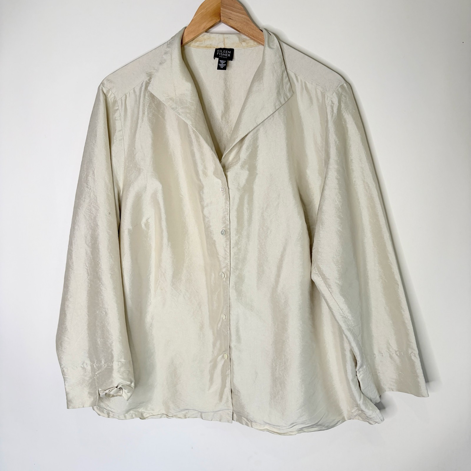 Eileen Fisher 100% Silk Blouse Off White Long Sleeve Button Up Shirt Women 1X