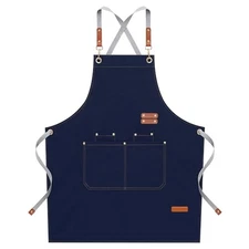 Chef Aprons for Men Women with Large Pockets, Cotton Canvas Cross Back Blue