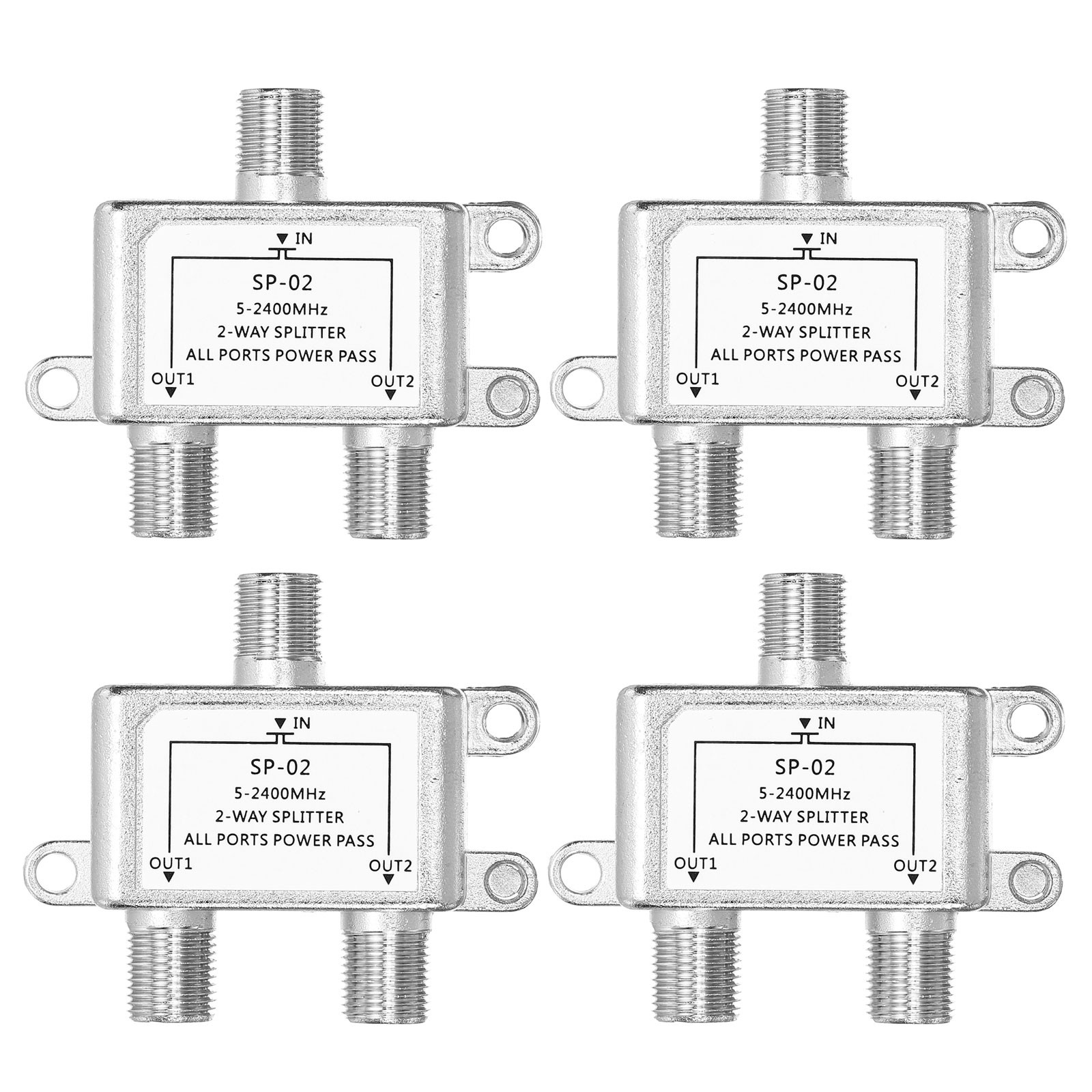 4Pcs 2 Way Coaxial Cable Splitter, 5-2400 MHz for HDTV CATV, Silver Tone