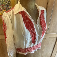 Vintage 30s 40s Romanian embroidered folk blouse top peasant gauze red Cropped