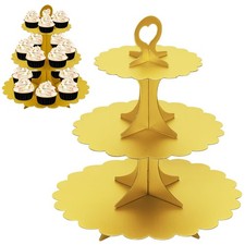 Matte Gold Cupcake Stand, 3-Tier Heart Handle Cardboard Dessert Display Tower
