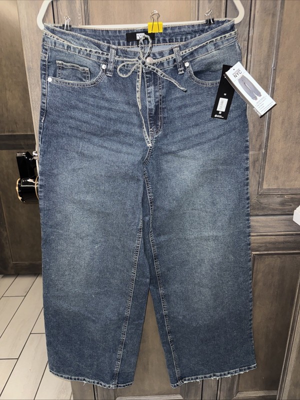 New!Madden NYC High Rise Loose Fit Denim Jean With Tie Belt. Size 12. Wide Leg