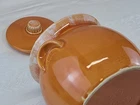 Vtg Hull Pottery Tangerine Orange Drip Glaze Bean Pot Handles Lid USA Oven Proof