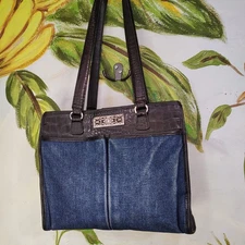 Brighton Denim Front/ Black Leather back & Double Shoulder Strap Tote No 184493