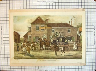 Original alter antiker Druck Postkutsche Wickelpferde Transport Harris Pollard