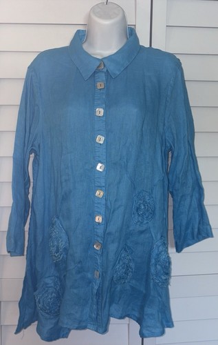 Ali Miles Womens 100% Linen Blue Tunic Top Summer Floral Blouse Lagenlook Sz M - Picture 7 of 8