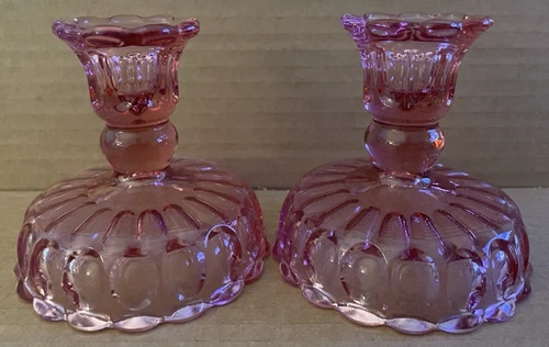 Vintage FENTON Colonial Pink Thumbprint Candlestick Candle Holders 2pcs #2