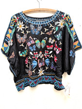 Johnny Was BIYA Vanny Satin Butterfly Blouse Black Sz M NWT