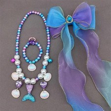 Girls Mermaid Hair Accessories Set   Purple 5 pcs Clips Elastic Bands Necklace