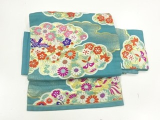 34929# JAPANESE KIMONO / ANTIQUE TSUKURI OBI / SILK / WOVEN FLOWER & BIRD
