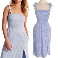 Abercrombie & Fitch Blue Floral Smocked Midi Dress XS Cottagecore Ruffle