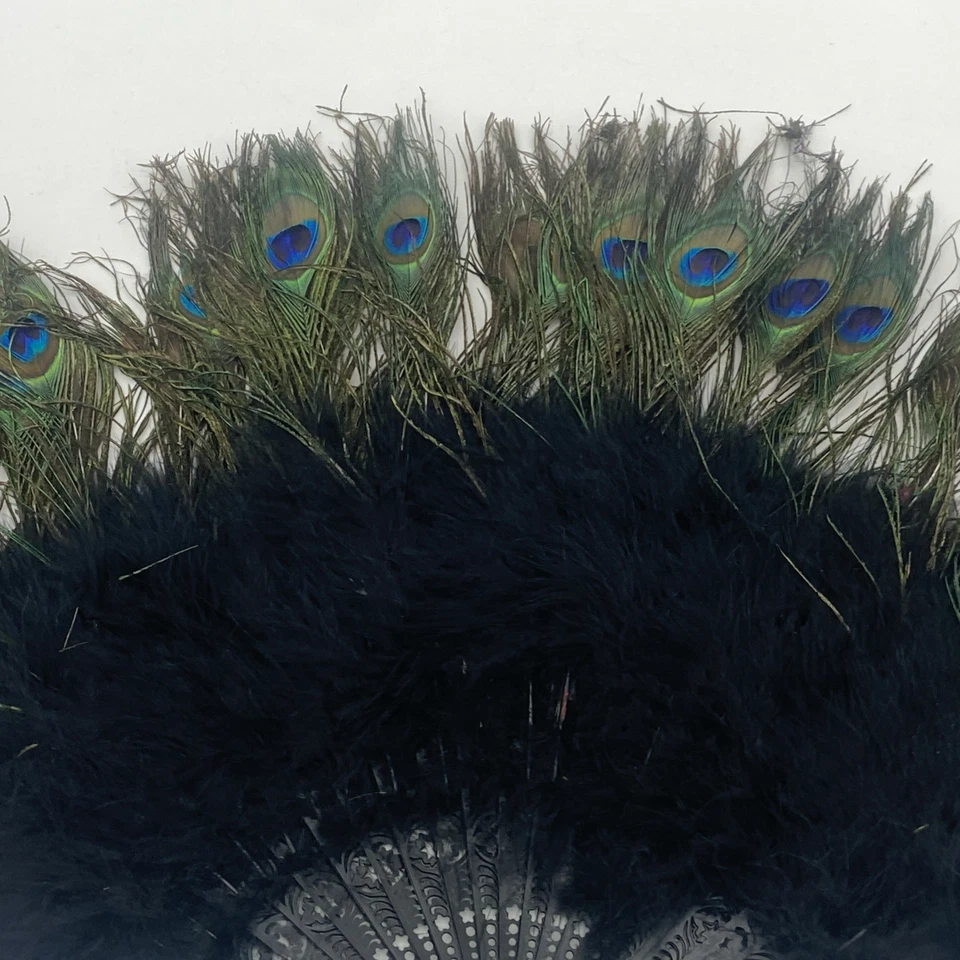 Ventilador de mano plegable vintage auténtico pluma de pavo real Foto 3 de 4