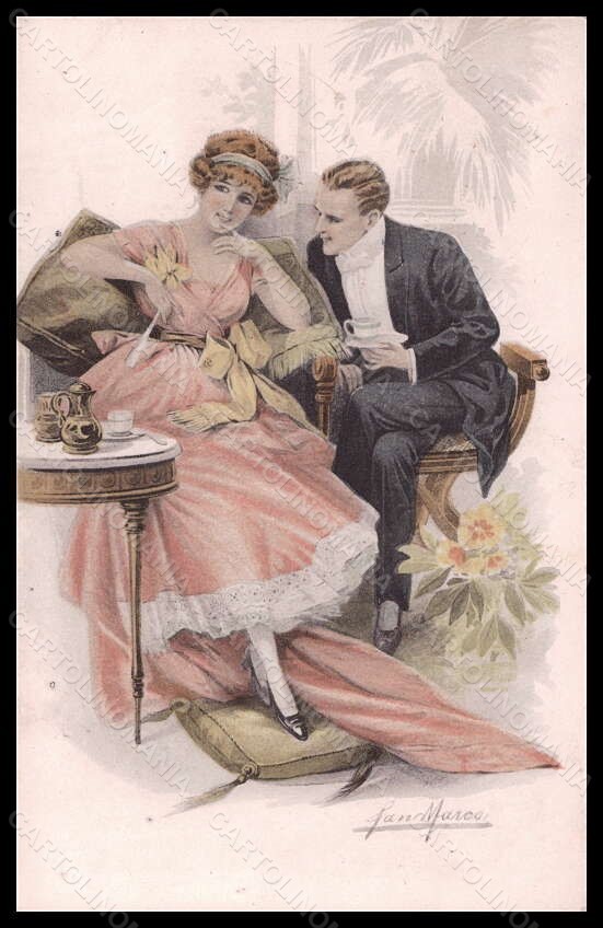 Cartolina Artista Firmata San Marco Romantica Coppia Teatime Serie 2054 VK6530