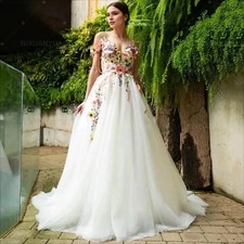 Flower Colorful Embroidery Lace Floral Wedding Dresses Bridal Gowns Plus Size