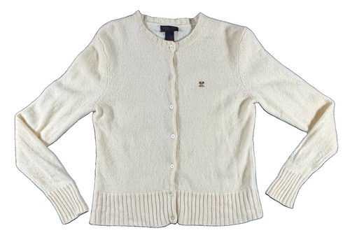 RRL, Ralph Lauren RRL Vtg Crown Monogram Women’s L Lambs Wool White Cardigan Sweater
