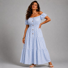 ROCKTHOSECURVES WOMENS Off Shoulder Polka Dot Elastic Waist Gypsy Style Maxi Dre