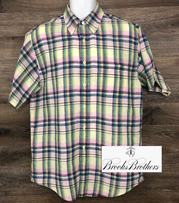 Brooks Brothers 346 Men's 100% Linen Plaid Short Sleeve Button Down Shirt Medium