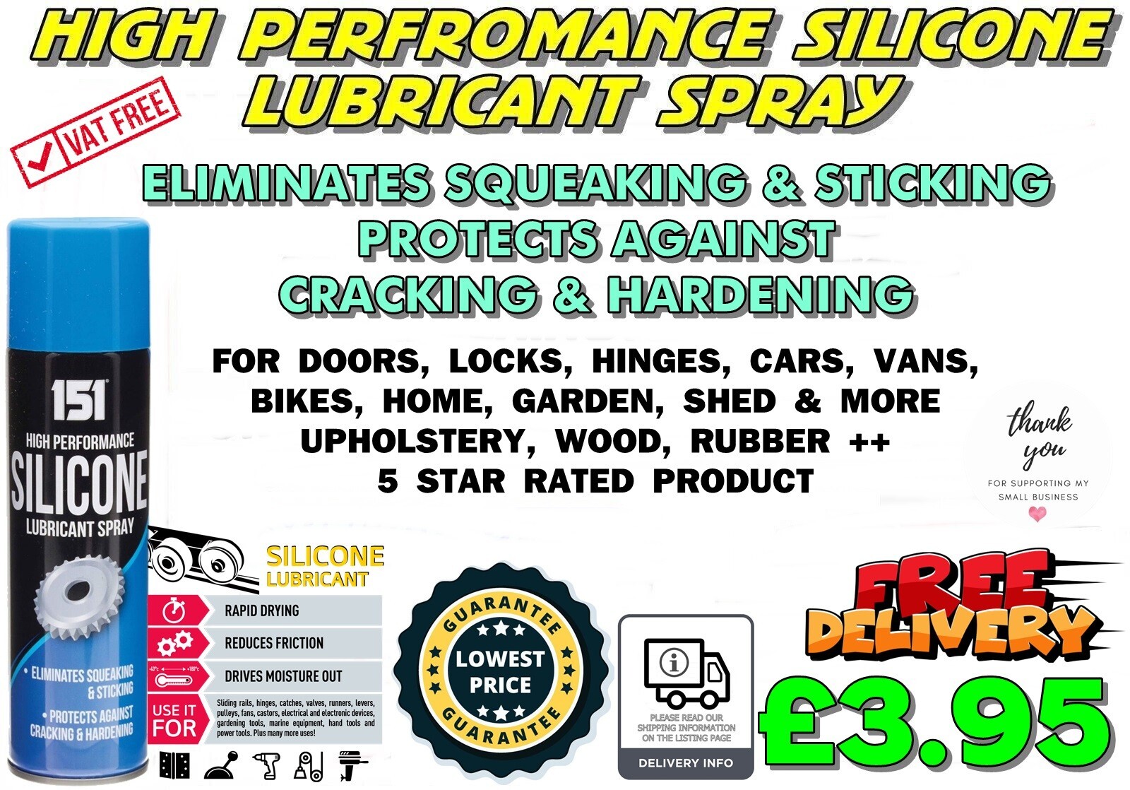 HIGH PERFORMANCE SILICONE SPRAY ELIMINATES SQUEAKING STICKING LUBRICANT