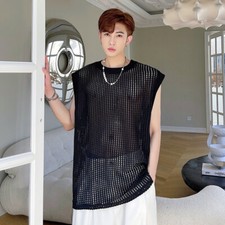 Uomo Rete senza Maniche Trasparente Canotta Maglia Sottile T-Shirt Casual