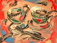 CUPS COFFEE Modern Abstract   Original Oil Painting  IMPRESSIONIST ARTIST