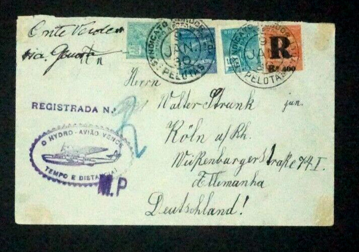 Brazil 1930 Registered cover Rio de Janeiro to Koln by ship to Genoa