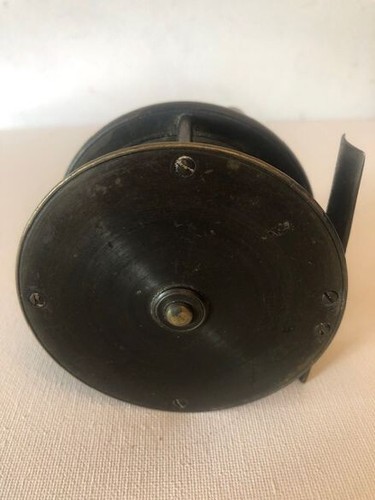 Antique Collectable Brass Fishing Reel, with Marble Effect Handle. 8.5cm across. - Picture 11 of 14