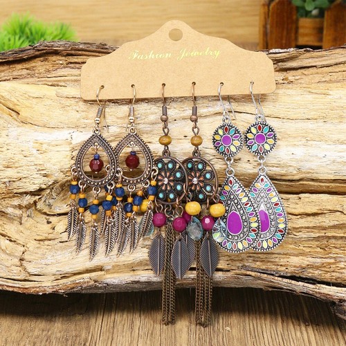 3 Pairs Boho Flower Earrings Women Colorful Floral Leaf Chain Tassel Earrings - Picture 6 of 13