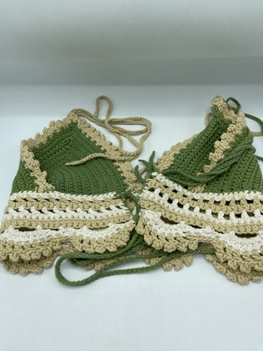Top de bikini grande de ganchillo para mujer hecho a mano verde beige boho festivo hippie - Imagen 10 de 10