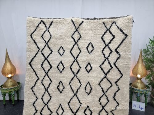 Moroccan Handmade Beni Ourain Rug 5'x8'1" Berber Geometric Black Wool Area Rug - Picture 2 of 12