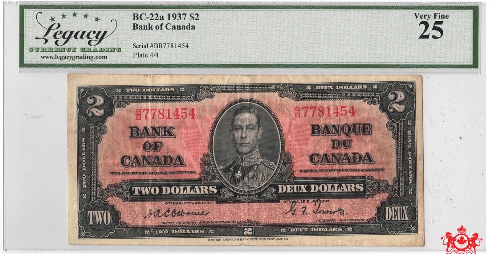 1937 Bank Of Canada $2 Osborne B/B7781454 - Legacy VF25 -